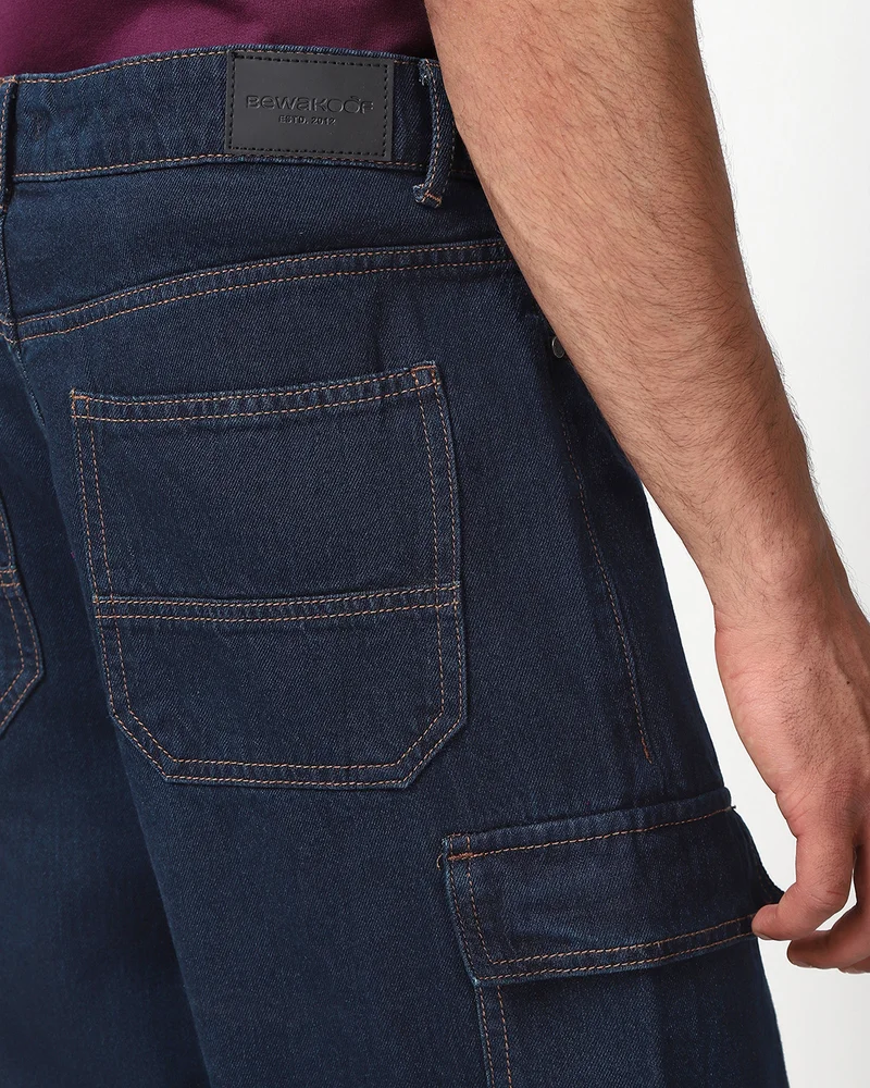 Bewakoof  Men's Navy Blue Baggy Fit Washed Cargo Mid-Rise Jeans for Men | Best Price UAE